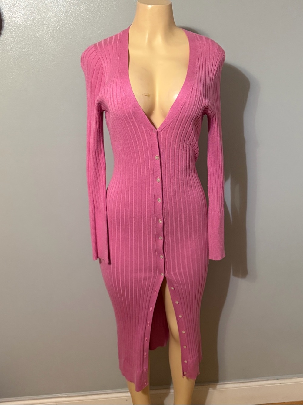 525 Women’s Ribbed Button-Front Pink Midi Dress